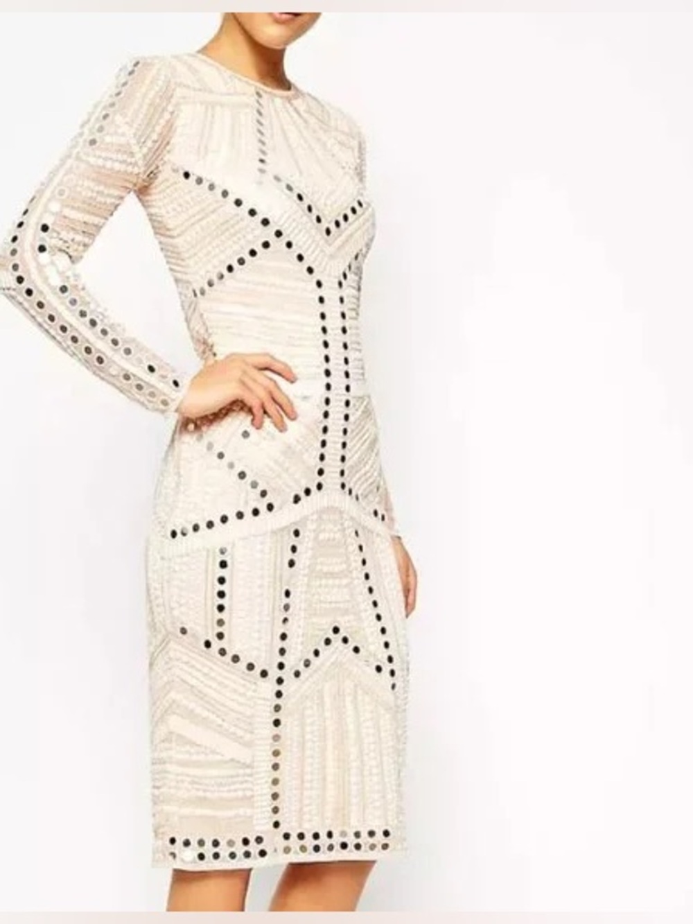 ASOS Blush Mesh-Sleeve Embellished mirror/bead Midi Dress